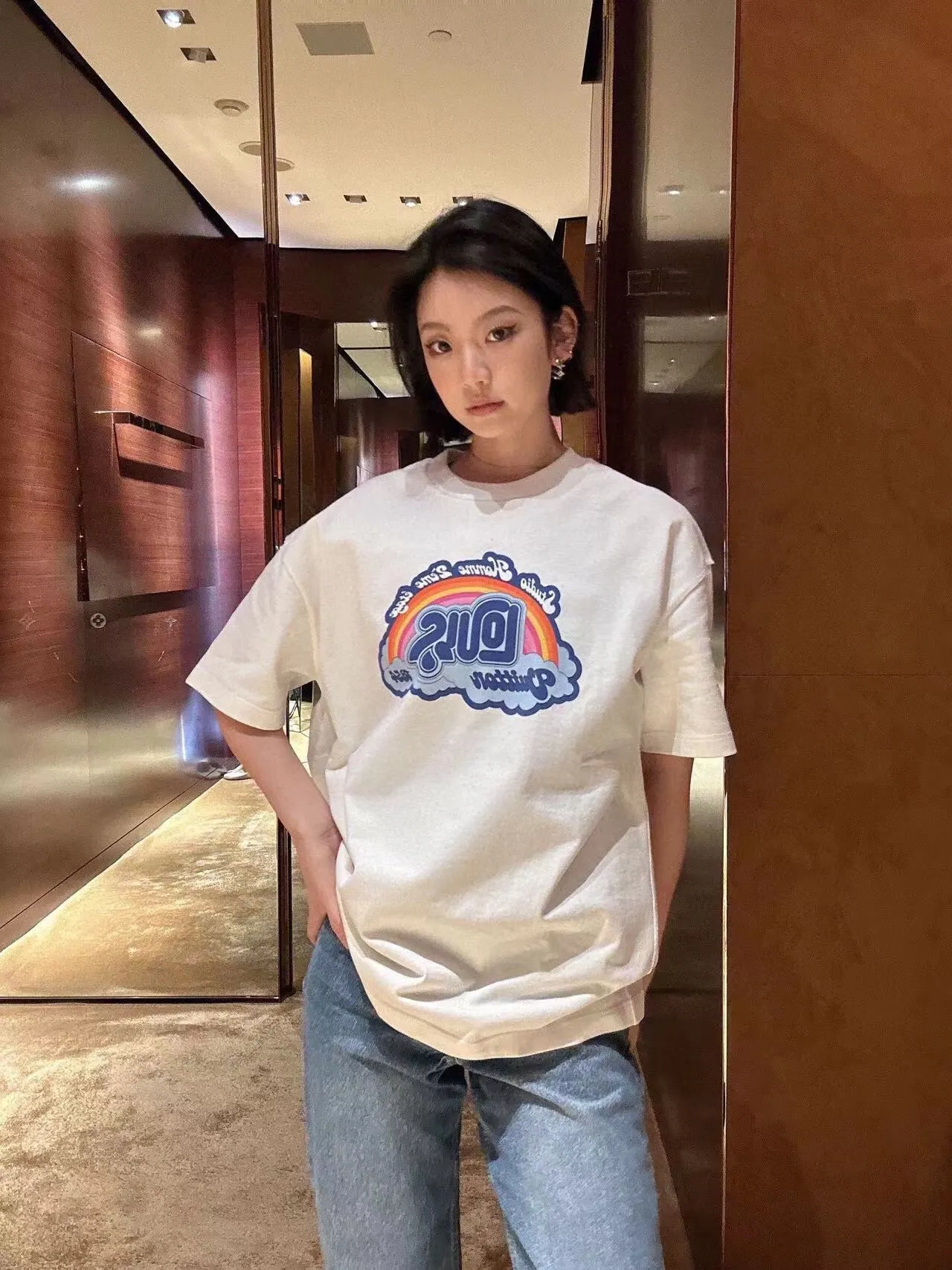 Louis Vuitton/Louis Vuitton rainbow letter print short sleeves